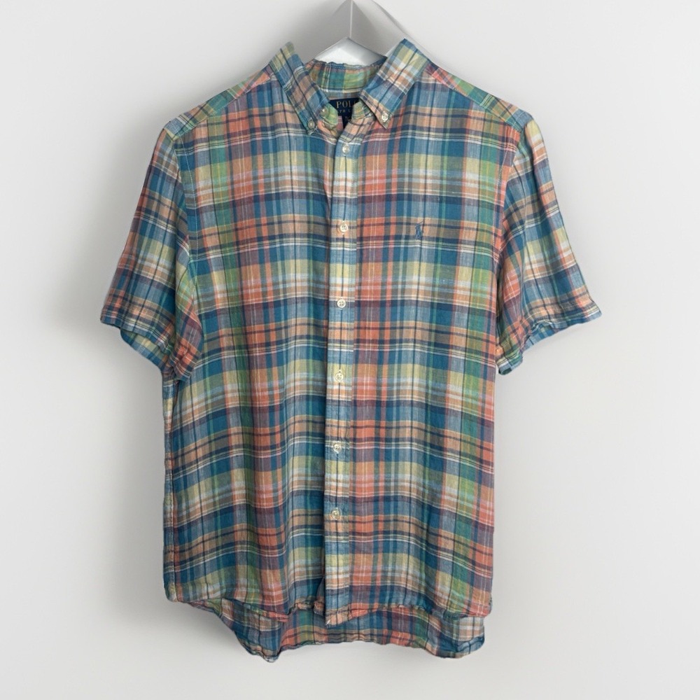 Ralph Lauren Shirt Youth XL 18- 20 Plaid 100% Linen Madras Short Sleeve Button